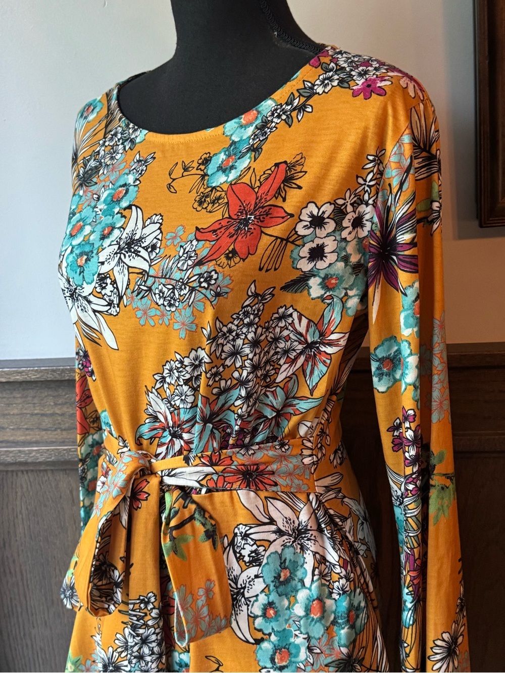 Club L London Mustard Floral Tie-Waist Long Sleeve Dress 14 EUC - Picture 2 of 10